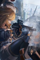 Rule 34 | 2girls, absurdres, ahoge, ammunition, anis (nikke), belt, black belt, black shorts, blurry, blurry foreground, breasts, building, cat hair ornament, cityscape, cleavage cutout, clothing cutout, commentary, day, explosive, fingerless gloves, floating hair, ggoc ill, gloves, goddess of victory: nikke, grenade, grenade cartridge, grenade launcher, hair ornament, highres, holding, holding weapon, jacket, knee up, large-caliber cartridge, large breasts, light brown hair, long sleeves, multiple girls, open clothes, open jacket, outdoors, pouch, profile, rapi (nikke), rapture (nikke), revolver grenade launcher, robot, shell casing, shirt, short shorts, shorts, sitting, skyscraper, solo focus, thigh pouch, thighhighs, thighs, weapon