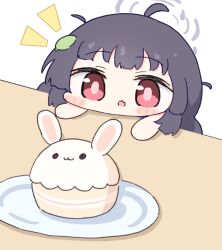 Rule 34 | 1girl, animal-themed food, black hair, blue archive, blush stickers, cake, chibi, commentary, food, halo, leaf, leaf on head, long hair, looking at food, messy hair, miyu (blue archive), no nose, pink pupils, plate, red eyes, simple background, solo, umihio, upper body, white background