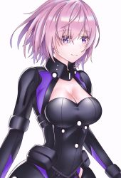 Rule 34 | 1girl, alonalon002, armor, arms at sides, black bodysuit, bodysuit, breasts, cleavage, cleavage cutout, clothing cutout, fate/grand order, fate (series), faulds, from side, gorget, hair between eyes, leotard, mash kyrielight, mash kyrielight (ortenaus), medium breasts, pink hair, purple eyes, short hair, simple background, smile, solo, standing, white background