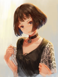 Rule 34 | 1girl, adjusting clothes, black shirt, bob cut, bow, brown eyes, brown hair, choker, closed mouth, collarbone, commentary, cropped torso, expressionless, gradient background, grey background, head tilt, jewelry, lace, leon the professional, lips, looking at viewer, mathilda lando, okuma mai, overshirt, pendant, pendant choker, shirt, short hair, solo, upper body, white shirt, yellow background