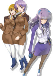 3girls absurdres alto_krauetta blonde_hair boots highres lucino_liilie lyrical_nanoha mahou_shoujo_lyrical_nanoha_strikers mikazuki_akira! military military_uniform multiple_girls numbers_(nanoha) pantyhose purple_hair red_eyes tsab_ground_military_uniform uno_(nanoha) white_pantyhose yellow_eyes