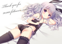Rule 34 | 1girl, animal ears, ass, bare arms, bare shoulders, bed sheet, black camisole, black panties, black thighhighs, blush, camisole, chitosezaka suzu, closed mouth, collarbone, commentary request, english text, frilled thighhighs, frills, hair between eyes, lingerie, long hair, looking at viewer, lying, milestone celebration, on stomach, original, panties, polka dot, polka dot panties, purple eyes, purple hair, rabbit ears, side-tie panties, sidelocks, smile, solo, thank you, thighhighs, twintails, underwear, underwear only, very long hair