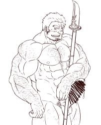 Rule 34 | 1boy, abs, absurdres, arm hair, bar censor, bara, body hair, censored, chest hair, completely nude, cross scar, erection, facial hair, greyscale, hairy, highres, houzouin oniwaka, large pectorals, leg hair, long sideburns, male focus, male pubic hair, minatsumi, monochrome, muscular, muscular male, navel, navel hair, nipples, nude, pectorals, penis, polearm, precum, pubic hair, scar, scar on face, scar on forehead, short hair, sideburns, smile, solo, spear, stubble, thighs, tokyo houkago summoners, veins, veiny penis, weapon