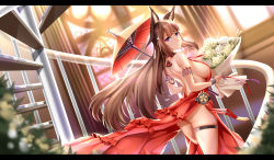 Rule 34 | 1girl, absurdres, amagi (azur lane), animal ear fluff, animal ears, armband, ass, azur lane, bare shoulders, bareback, black border, blunt bangs, border, bouquet, breasts, brown hair, commentary request, dress, earrings, flower, fox ears, frilled dress, frills, hair ornament, head tilt, highres, holding, holding bouquet, holding umbrella, huge breasts, indoors, jewelry, jfzm001, kitsune, kyuubi, large breasts, letterboxed, long hair, looking at viewer, looking back, multiple tails, oil-paper umbrella, parted bangs, plant, purple eyes, red dress, short eyebrows, sideboob, sleeveless, sleeveless dress, spiral staircase, stairs, tail, thigh strap, umbrella, very long hair, wall, window