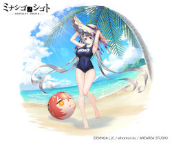 Rule 34 | 1girl, barefoot, beach, blue one-piece swimsuit, breasts, copyright request, day, gluteal fold, grey hair, hat, heterochromia, highres, large breasts, long hair, looking at viewer, name tag, official art, one-piece swimsuit, outdoors, sakofu, school swimsuit, smile, solo, sun hat, swimsuit, water