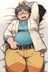 Rule 34 | 1boy, arm up, bara, belly, blue shirt, blush, creatures (company), facial hair, facing viewer, fat, fat man, game freak, glasses, grey hair, highres, lab coat, leather belt, lying, male focus, merchandise, neroli (pokemon), nintendo, nipples, on back, on bed, pants, pokemon, pokemon sleep, round eyewear, rui (rui owo), shirt, short hair, sideburns, solo, stubble, thick eyebrows, thick thighs, thighs, yellow pants