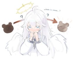 Rule 34 | 1girl, ?, ahoge, angel, blue eyes, colored eyelashes, cuffs, english text, feathered wings, hair between eyes, halo, handcuffs, indie virtual youtuber, long hair, long sleeves, mashiro rei, open mouth, retorillo, sketch, solo, virtual youtuber, white background, white hair, white theme, wings