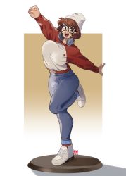 Rule 34 | 1girl, beanie, blush, bouncing breasts, breasts, brown eyes, brown hair, clenched hand, commentary, denim, english commentary, figure, glasses, hat, headphones, headphones around neck, highres, jeans, large breasts, leg up, open hand, open mouth, original, pants, red sweater, short hair, smile, snowcie, snowciel, solo, standing, standing on one leg, sweater, two-tone sweater, white footwear, white hair, white sweater