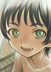 Rule 34 | 1girl, black hair, close-up, collarbone, fang, green eyes, looking at viewer, open mouth, original, short hair, smile, solo, topless, yutazo 028