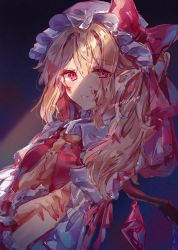 Rule 34 | 1girl, absurdres, ayatsuki sugure, blonde hair, blood, blood on face, bow, crystal, fingernails, flandre scarlet, frilled hat, frills, hair between eyes, hat, hat bow, highres, long hair, looking at viewer, mob cap, nail polish, parted lips, pointy ears, red eyes, red nails, red vest, sharp fingernails, shirt, touhou, twitter username, vest, white headwear, white shirt, wings