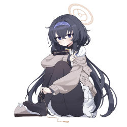 Rule 34 | 1girl, absurdres, amiemie117, black hair, black pantyhose, blue archive, blue eyes, blue hairband, blush, book, cardigan, closed mouth, commentary request, crossed bangs, full body, hair between eyes, hairband, halo, highres, holding, holding book, long hair, long sleeves, low twintails, pantyhose, sailor collar, shoes, simple background, single shoe, sitting, skirt, slippers, solo, thighband pantyhose, twintails, ui (blue archive), very long hair, white background, white sailor collar, white skirt