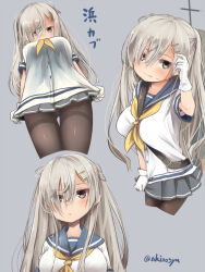Rule 34 | 1girl, akino shuu, black pantyhose, blue sailor collar, blush, buttons, closed mouth, commentary request, conte di cavour (kancolle), cosplay, gloves, grey background, grey skirt, hair ornament, hair over one eye, hairclip, hamakaze (kancolle), hamakaze (kancolle) (cosplay), kantai collection, multiple views, pantyhose, parted lips, pleated skirt, sailor collar, school uniform, serafuku, short sleeves, simple background, skirt, translation request, twitter username, white gloves