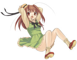 Rule 34 | 1girl, :o, ahoge, bow, brown eyes, brown hair, dress, female focus, full body, hair intakes, hands on own head, hat, long hair, open mouth, piyodera mucha, ribbon, shoes, solo