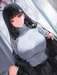 Rule 34 | 1girl, black bra, black hair, black jacket, black skirt, blue archive, blunt bangs, bra, bra visible through clothes, breasts, cliov, dutch angle, halo, highres, jacket, large breasts, looking at viewer, pleated skirt, red eyes, ribbed sweater, rio (blue archive), signature, skirt, solo, sweater, underwear, undressing, water drop, wet, wet clothes, wet hair, white sweater