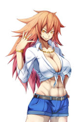 Rule 34 | 1girl, abs, belt, breasts, brown hair, cleavage, denim, denim shorts, dream demon, female focus, fingernails, front-tie top, gradient hair, grin, hand on own hip, jewelry, large breasts, long fingernails, long hair, midriff, multicolored hair, muscular, muscular female, navel, necklace, original, pink hair, ring, shirt, short shorts, shorts, smile, solo, teeth, tied shirt, yellow eyes