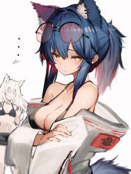 Rule 34 | ..., 2girls, ^ ^, absurdres, animal ear fluff, animal ears, arknights, bare shoulders, bikini, black-framed eyewear, black bikini, blonde hair, blue hair, blush, breasts, cleavage, closed eyes, closed mouth, coat, collarbone, commentary request, extra ears, closed eyes, eyewear on head, from side, gradient hair, highres, lappland (arknights), long hair, long sleeves, looking at viewer, looking to the side, medium breasts, multicolored hair, multiple girls, navel, off shoulder, open clothes, open coat, over-rim eyewear, penguin logistics logo, ponytail, purple-tinted eyewear, red hair, round eyewear, semi-rimless eyewear, sidelocks, silver hair, simple background, swimsuit, tab head, texas (arknights), tinted eyewear, upper body, white background, white coat, wolf ears