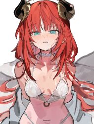 Rule 34 | 1girl, aqua eyes, bikini, blush, breasts, choker, cleavage, commentary request, genshin impact, highleg, highleg bikini, highres, horns, korean commentary, long hair, looking at viewer, medium breasts, nilou (genshin impact), o-ring, o-ring bikini, open clothes, parted lips, qqkkay, red hair, simple background, solo, swimsuit, very long hair, white background, white bikini, white choker
