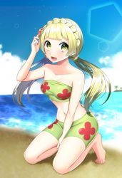 Rule 34 | 1girl, :d, bad id, bad pixiv id, barefoot, beach, between legs, bikini, bikini shorts, blonde hair, blue sky, breasts, cloud, collarbone, cosplay, creatures (company), day, floral print, game freak, green bikini, green eyes, hand between legs, highres, kneeling, lillie (pokemon), long hair, looking at viewer, low twintails, mallow (pokemon) (cosplay), medium breasts, navel, nintendo, ocean, open mouth, outdoors, pokemon, pokemon (anime), pokemon sm (anime), shorts, sky, smile, solo, stomach, strapless, strapless bikini, swimsuit, twintails, yuihico