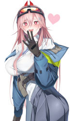 Rule 34 | 1girl, absurdres, blue coat, blush, breasts, brown gloves, checkered necktie, coat, commentary, commentary request, earrings, fang, girls&#039; frontline, gloves, goggles, goggles on head, hair between eyes, hair ornament, hairclip, hand up, heart, highres, jewelry, large breasts, long hair, long sleeves, looking at viewer, mole, mole under eye, necktie, open mouth, pink eyes, pink hair, r oot, shirt, shirt tucked in, sig mcx (girls&#039; frontline), simple background, skirt, solo, white background, white shirt