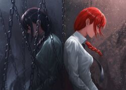 Rule 34 | 2girls, back-to-back, black hair, black necktie, braid, braided ponytail, chain, chainsaw man, collared shirt, grey sweater, hair over shoulder, looking to the side, luxearte, makima (chainsaw man), medium hair, multiple girls, nayuta (chainsaw man), necktie, red hair, reincarnation, shirt, sweater, white shirt