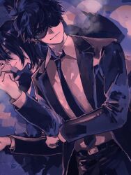 Rule 34 | 2boys, belt, black belt, black hair, black jacket, black necktie, black pants, black suit, closed mouth, collared shirt, commentary, dutch angle, formal, hagiwara kenji, hand up, highres, jacket, looking at viewer, male focus, matsuda jinpei, meitantei conan, messy hair, moyuhisa, multiple boys, necktie, open clothes, open jacket, pants, partially opaque sunglasses, shirt, shirt tucked in, short hair, smile, suit, sunglasses, white shirt