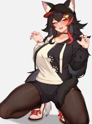 Rule 34 | 1girl, ;d, animal ear fluff, animal ears, baseball cap, black choker, black hair, black pantyhose, black shorts, breasts, choker, claw pose, ears through headwear, hair ornament, hairclip, hat, highres, hololive, large breasts, long hair, long sleeves, looking at viewer, multicolored hair, one eye closed, ookami mio, ookami mio (casual), open mouth, pantyhose, puffy long sleeves, puffy sleeves, red hair, red nails, shoes, short shorts, shorts, simple background, smile, solo, squatting, streaked hair, tail, two-tone hoodie, varniskarnis, very long hair, virtual youtuber, white background, white footwear, wolf ears, wolf tail