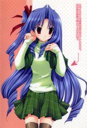 Rule 34 | 00s, 1girl, blue hair, blush, goshuushou-sama ninomiya-kun, green shirt, highres, houjou reika, red eyes, shirt, skirt, solo, sweater, takanae kyourin, thighhighs