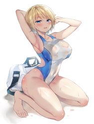 Rule 34 | 1girl, arm behind head, armpits, arms up, bag, bare shoulders, barefoot, blonde hair, blue eyes, breasts, clothing cutout, competition swimsuit, covered navel, duffel bag, full body, groin, highleg, highleg swimsuit, highres, kuwahara hazuki, large breasts, looking at viewer, one-piece swimsuit, open mouth, original, sanshoku amido, see-through, shadow, short hair, side cutout, simple background, smile, solo, swimsuit, thighs, wet, wet clothes, wet swimsuit, white background