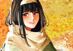 Rule 34 | 1girl, adooble, black hair, brown hairband, brown scarf, commentary, faux traditional media, hairband, highres, long bangs, long hair, portrait, red eyes, scarf, signature, smile, solo, spy x family, yor briar