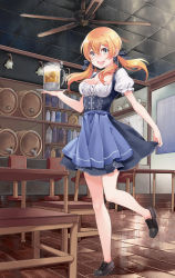 Rule 34 | 10s, 1girl, :d, alcohol, apron, bad id, bad pixiv id, bare legs, barrel, beer, beer mug, beret, black footwear, blonde hair, blue apron, blue dress, blue eyes, blue ribbon, bottle, ceiling, ceiling fan, chair, cross, cross-laced footwear, cup, dirndl, dress, eyebrows, frilled sleeves, frills, full body, fumako, german clothes, hat, highres, indoors, iron cross, kantai collection, long hair, looking at viewer, low twintails, mug, no socks, open mouth, pinafore dress, prinz eugen (kancolle), puffy short sleeves, puffy sleeves, ribbon, shoes, short sleeves, sleeveless dress, smile, solo, stairs, standing, standing on one leg, table, twintails, wooden floor