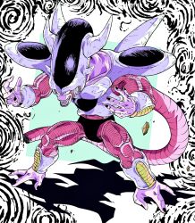 Rule 34 | abstract background, alien, black nails, collarbone, colored skin, dragon ball, dragonball z, evil smile, frieza, full body, highres, horns, long head, male focus, multiple horns, oharu2000, open mouth, pink skin, red eyes, severed tail, shadow, smile, solo, spikes, tail, toriyama akira (style)