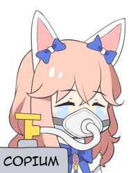 Rule 34 | animal ears, blue bow, bow, character request, copium (meme), crying, closed eyes, fox ears, hair bow, jalm, long hair, lost ark, meme, oxygen mask, pink hair, streaming tears, tears, transparent background