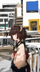 Rule 34 | 1girl, absurdres, ahoge, billboard, blurry, blurry background, blush, brown hair, building, city, closed mouth, commentary request, cowboy shot, day, expressionless, from side, headgear, highres, japanese clothes, jitome, kabuyama kaigi, kimono, long sleeves, looking ahead, obi, obijime, outdoors, pedestrian bridge, pink eyes, railing, sash, short hair, short kimono, skirt, solo, touhoku kiritan, urban, voiceroid, wide sleeves