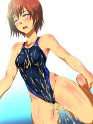 Rule 34 | 1girl, aftersex, ahegao, azu (azzz), barefoot, breasts, character request, cum, cum in pussy, female focus, game cg, highres, jikan teishi de pool sennyuu, nipples, one-piece swimsuit, shiny skin, swimsuit