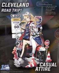 Rule 34 | 1girl, :d, asymmetrical legwear, azur lane, black choker, black skirt, black thighhighs, blonde hair, blue shirt, blush, boots, breasts, choker, cleveland (azur lane), cleveland (road trip!) (azur lane), clothes writing, collarbone, unworn eyewear, fire hydrant, full body, hair between eyes, hand in pocket, headphones, highres, holding, holding removed eyewear, hood, hood down, hooded jacket, jacket, jewelry, long hair, miniskirt, motor vehicle, necklace, official alternate costume, official art, one side up, one way sign, open clothes, open jacket, open mouth, parted bangs, red eyes, road sign, scooter, shirt, sign, signpost, single sock, single thighhigh, skirt, small breasts, smile, socks, solo, speed limit sign, stop sign, sunglasses, thighhighs, torn clothes, torn legwear, traffic cone, uneven legwear, very long hair, visor cap, white footwear, white jacket, zettai ryouiki