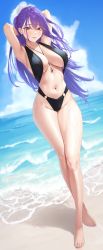 Rule 34 | 1girl, absurdres, armpits, arms behind head, arms up, beach, between breasts, black one-piece swimsuit, blue sky, breasts, cloud, commission, day, full body, groin, highres, jewelry, large breasts, long hair, looking at viewer, navel, o-ring, o-ring swimsuit, ocean, one-piece swimsuit, original, outdoors, parted lips, pendant, pixiv commission, purple hair, red eyes, silver tokki, sky, solo, stomach, swimsuit, thighs, wet