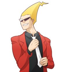 Rule 34 | 1boy, adjusting clothes, adjusting necktie, blonde hair, formal, ghost trick, grin, male focus, mike inel, necktie, red suit, sissel (ghost trick), smile, solo, suit, sunglasses, transparent background, upper body, white necktie