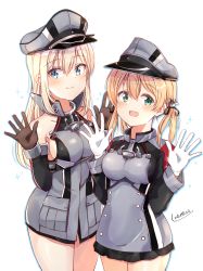 Rule 34 | 2girls, armor, bismarck (kancolle), blonde hair, blue eyes, blush, breasts, buttons, closed mouth, coat, collarbone, covered collarbone, cowboy shot, double-breasted, drop shadow, gloves, green eyes, hair between eyes, halterneck, hands up, hat, kantai collection, long hair, looking at viewer, medium breasts, multiple girls, open hands, open mouth, palms, prinz eugen (kancolle), shiitake taishi, short twintails, sideboob, signature, simple background, skirt, smile, sparkle, thighhighs, twintails, waving, white background