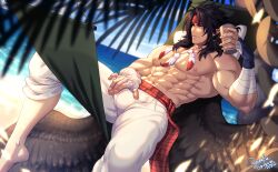 Rule 34 | 1boy, abs, bandages, bara, beach, black hair, brown wings, bulge, come hither, crescentia fortuna, crotch grab, feather necklace, feathered wings, fire emblem, fire emblem: radiant dawn, foot out of frame, from side, headband, jewelry, large pectorals, looking at viewer, male focus, muscular, muscular male, navel, necklace, nintendo, nipples, pectorals, pointy ears, scar, seductive smile, smile, solo, stomach, thick eyebrows, thick thighs, thighs, tibarn (fire emblem), topless male, wings, yellow eyes