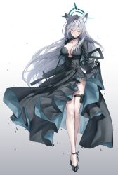 Rule 34 | 1girl, absurdres, animal ear fluff, animal ears, assault rifle, black dress, black footwear, black gloves, blue archive, blush, breasts, cleavage, closed mouth, commentary request, dress, frilled dress, frills, full body, gloves, grey background, grey hair, gun, high heels, highres, holding, holding gun, holding weapon, large breasts, long hair, lunacle, rifle, shiroko (blue archive), shiroko terror (blue archive), side slit, sig sauer, sig sauer 556, simple background, skirt hold, solo, standing, thigh strap, weapon, white background, wolf ears, wolf girl