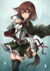 Rule 34 | 1girl, animal ears, bad id, bad pixiv id, belt pouch, black thighhighs, book, bookmark, breasts, brown hair, bug, butterfly, cape, ears down, frilled skirt, frills, green eyes, hair ornament, hand on own chest, highres, holding, holding book, insect, jacket, long hair, long sleeves, looking at viewer, medium breasts, open mouth, original, pouch, red ribbon, ribbon, sidelocks, skirt, snm (sunimi), solo, tail, tail ornament, tail ribbon, test tube, thighhighs, zettai ryouiki
