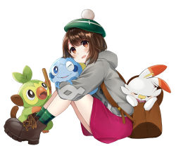 Rule 34 | 1girl, absurdres, ankle boots, backpack, bag, bob cut, boots, brown eyes, brown footwear, brown hair, commentary request, creatures (company), cross-laced footwear, from side, game freak, gen 8 pokemon, gloria (pokemon), green headwear, green legwear, grey sweater, grookey, hat, highres, holding, holding pokemon, hood, hood down, hoodie, hugging own legs, long sleeves, looking at viewer, meruko-san, miniskirt, nintendo, open mouth, partial commentary, pink skirt, plaid, plaid legwear, pokemon, pokemon (creature), pokemon swsh, scorbunny, short hair, sitting, skirt, smile, sobble, socks, starter pokemon trio, sweater, tam o&#039; shanter