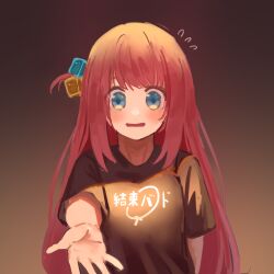 Rule 34 | 1girl, black shirt, blue eyes, blush, bocchi the rock!, commentary, cube hair ornament, gotoh hitori, gradient background, hair ornament, kessoku band logo, kessoku band t-shirt, long hair, looking at viewer, milktea (gggrrr2000), one side up, open mouth, pink hair, reaching, reaching towards viewer, shirt, short sleeves, sidelocks, solo, upper body