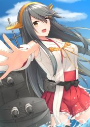 Rule 34 | 1girl, :d, akahi242, bare shoulders, black hair, brown eyes, cannon, detached sleeves, hair ornament, hairclip, haruna (kancolle), headgear, highres, kantai collection, long hair, machinery, nontraditional miko, open mouth, outstretched arms, partially submerged, red skirt, sarashi, skirt, smile, solo, turret