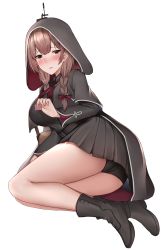Rule 34 | 1girl, black capelet, black dress, blush, braid, breasts, brown eyes, brown hair, capelet, condom, dress, embarrassed, hair between eyes, hair ribbon, highres, hood, hooded capelet, kantai collection, kitsune udon (ai br), large breasts, long hair, long sleeves, looking at viewer, looking back, panties, red ribbon, ribbon, shinshuu maru (kancolle), simple background, sitting, solo, thighs, twin braids, underwear, white background