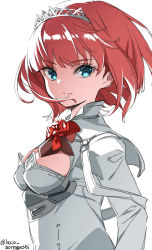 Rule 34 | 1girl, ark royal (kancolle), blue eyes, blunt bangs, bob cut, breasts, cleavage cutout, clothing cutout, commentary request, hairband, highres, inverted bob, kantai collection, laco soregashi, looking at viewer, medium breasts, one-hour drawing challenge, red hair, red ribbon, ribbon, short hair, simple background, solo, tiara, upper body, white background