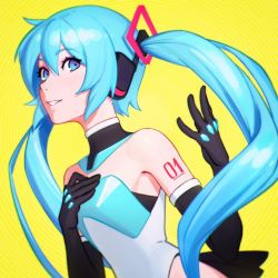 Rule 34 | 1girl, aqua eyes, aqua hair, commentary, cowboy shot, cytus, cytus ii, detached collar, elbow gloves, gloves, hair between eyes, hand on own chest, hatsune miku, ilya kuvshinov, leotard, long hair, looking at viewer, number tattoo, smile, solo, tattoo, twintails, upper body, vocaloid, yellow background
