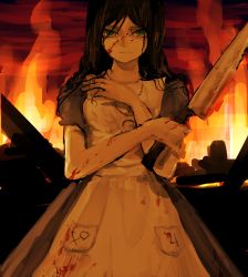Rule 34 | 1girl, alice: madness returns, alice (alice in wonderland), alice in wonderland, alice liddell (american mcgee&#039;s alice), american mcgee&#039;s alice, apron, black hair, blood, dress, fire, green eyes, jewelry, knife, long hair, necklace