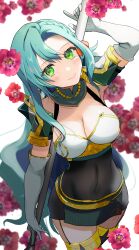 Rule 34 | 1girl, absurdres, aqua hair, armor, black dress, blush, breasts, chloe (fire emblem), cleavage, commentary request, covered navel, cowboy shot, dress, elbow gloves, fire emblem, fire emblem engage, flower, gloves, green eyes, highres, large breasts, long hair, looking at viewer, microdress, mu tu bu, nintendo, pink flower, pink lips, shoulder armor, smile, solo, standing, thighs, very long hair, white background, white gloves