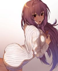 Rule 34 | 1girl, arched back, ass, bad id, bad twitter id, bare legs, breasts, eyebrows, eyelashes, eyes visible through hair, facing away, fate/grand order, fate (series), gradient background, hair between eyes, hair intakes, inusaka, kneeling, legs together, lips, long hair, long sleeves, looking at viewer, medium breasts, open mouth, purple hair, red eyes, ribbed sweater, scathach (fate), solo, sweater, teeth, tsurime, turtleneck, turtleneck sweater, white sweater